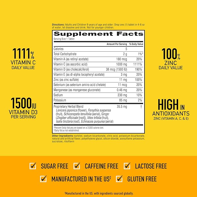 Airborne Vitamin C 1000mg (per Serving) - Zesty Effervescent Tablets, Gluten-Free Immune Support Supplement, Echinacea & Ginger, Orange, Citrus, 30 Count (Pack of 3)
