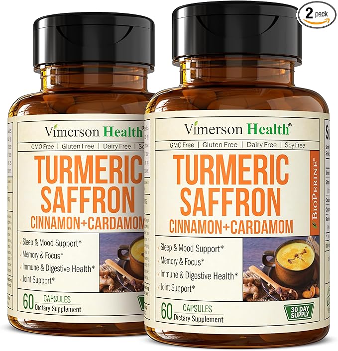 Saffron Supplements - Turmeric Curcumin Supplement with Black Pepper, Saffron Extract, Cardamom and Cinnamon Pills for Mood, Memory, Eye Health. Joint Supplements for Women & Men. 120 Capsules 2 Pack