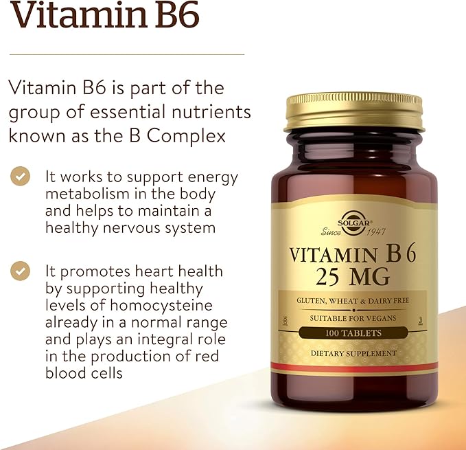 Solgar Vitamin B6 25 mg, 100 Tablets - Supports Energy Metabolism, Heart Health & Healthy Nervous System - B Complex Supplement - Vegan, Gluten Free, Dairy Free, Kosher - 100 Servings