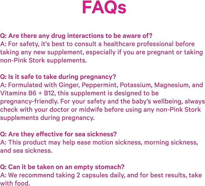 Pink Stork Vitamin B6, Ginger, Electrolyte Capsule - Natural Digestive Support with Peppermint, Potassium, Magnesium - Gentle on The Stomach - Pregnancy, + Motion Sickness Must Haves - 60ct