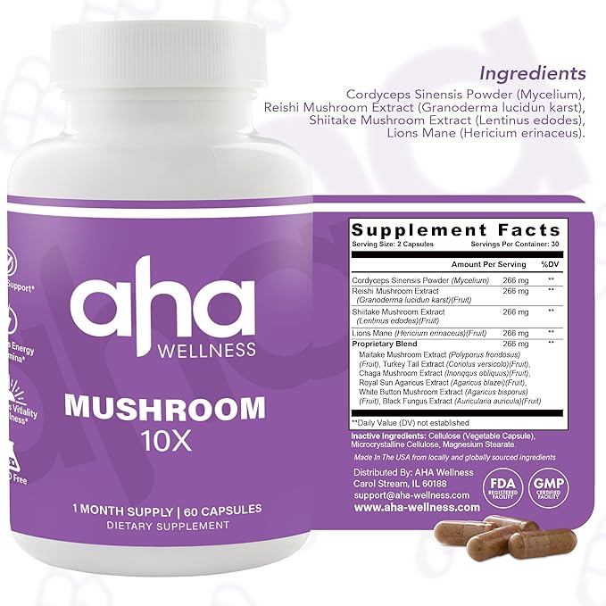 10X Mushroom Supplement, 10 Mushroom Blends Formula, Lions Mane, Turkey Tail, Cordyceps, Reishi, Chaga & More, Immune & Energy Support, 30 Servings, GMO Free