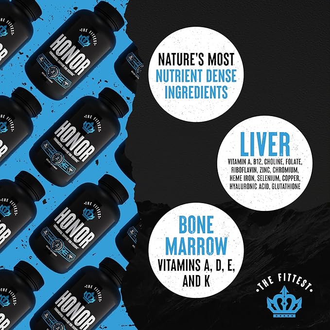 The Fittest Honor Supplement - Supports Energy, Collagen Production and Joint & Bone Health - Grass Fed Liver & Bone Marrow - 180 Capsules