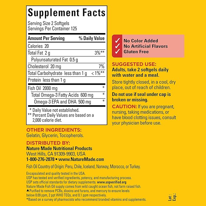 Nature Made Fish Oil Omega 3 Supplements, 1000mg Softgels, Omega 3 Fish Oil for Healthy Heart Support, 250 Softgels, 125 Day Supply