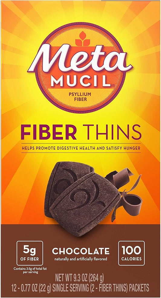 Metamucil Fiber Thins, Psyllium Husk Fiber Supplement, Digestive Health Support and Satisfy Hunger, Chocolate Flavored, 12 Servings
