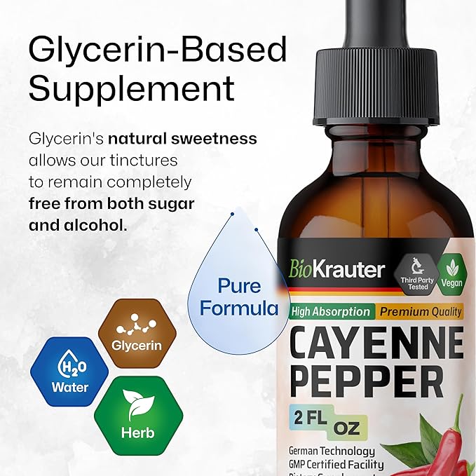 BIO KRAUTER Cayenne Pepper Drops - Liquid Cayenne Pepper Supplements - Natural Capsaicin Extract for Digestive Support - Pure Formula - Vegan Sugar & Alcohol Free - 2 Fl. Oz.