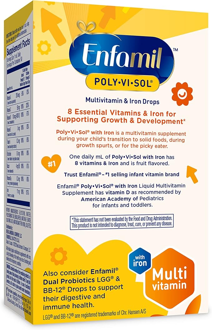 Enfamil Prenatals & Baby Vitamins Poly-Vi-Sol 8 Multi-Vitamins & Iron Supplement Drops for Infants & Toddlers, Supports Growth & Development, 50 mL Dropper Bottle (Pack of 2)