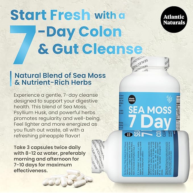 Atlantic Naturals Sea Moss 7-Day Colon & Gut – with Psyllium Husk Senna Powder, Golden Flax, Turmeric & Herbs for Digestive Health, Bloating, & Natural Flushing for Women & Men - 180 Capsules.