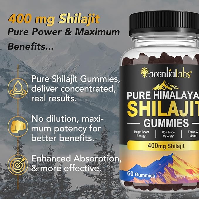 Pure Himalayan Shilajit Gummies for Men & Women, Rich in 85+ Micronutrients, 100% Natural & Organic Shilajit Gummies Shilajit for Men, Energy, Brain, Immunity Boost, No Added Sugar Non-GMO, 60 Count