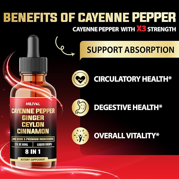 8in1 Cayenne Pepper Liquid Drops with Ginger, Ceylon Cinnamon and 5 More Herbals - Digestion, Circulatory Heath Support - 2 Fl Oz for 2 Months