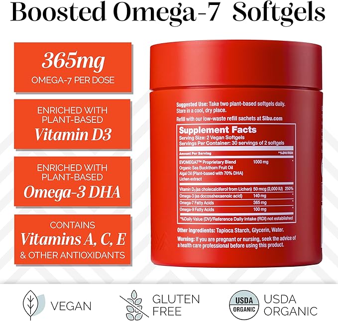 sibu Omega-7 Plus Softgels (60ct, 30 Day Supply) – Blend of Sea Buckthorn Oil and Plant-Based Vitamin D3 & Omega-3 DHA