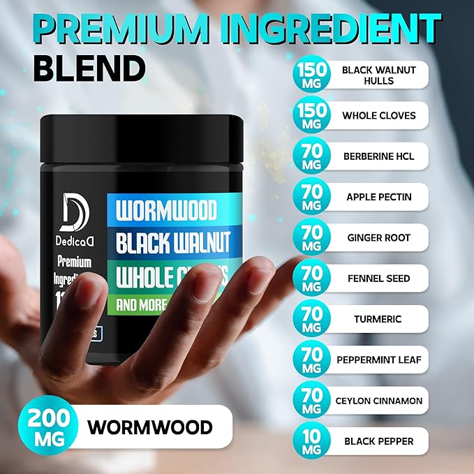 11in1 Wormwood Capsules - 180 Capsules Extracted from Black Walnut, Cloves, Ginger, Turmeric, Apple, Berberine HCl & More - Support Comfortable Digestive, Immune System for 3 Months