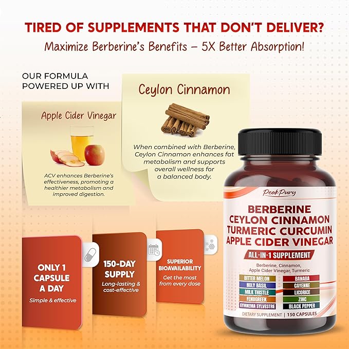 Berberine Cinnamon Apple Cider Vinegar Turmeric - Overall Wellness Support- Made in USA