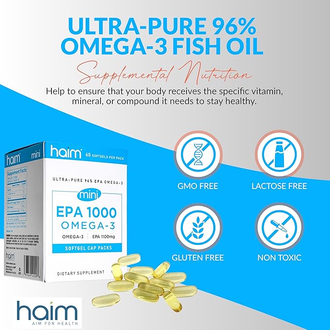 Haim EPA1000 MINI – Pure EPA Fish Oil Supplement – 1,100mg Omega-3 for Heart, Brain & Joint Health – High Potency, Burpless Softgels – Small, Easy-to-Swallow Capsules – 60 Softgels – Made in USA