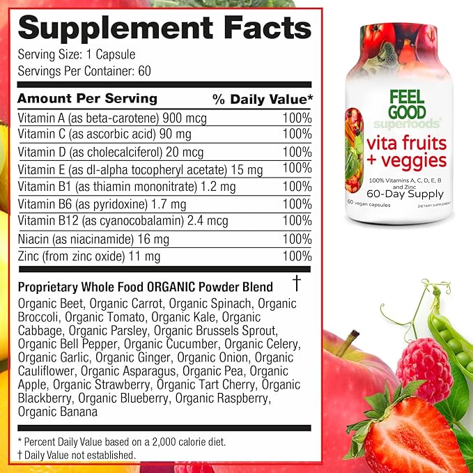 Vita Fruits and Veggies Capsules - 25 Superfood Ingredients, Fruit and Vegetable Multivitamin, 60 Count - For men and women - Vitamins A, C, D, E, B and Zinc