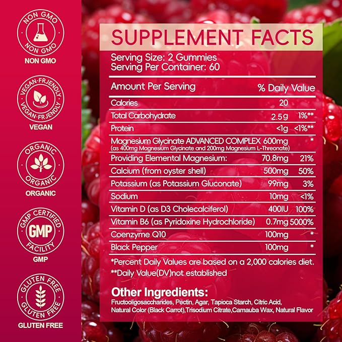 Magnesium Glycinate Gummies 600mg, Sugar Free Magnesium Gummies for Adults with Magnesium L-Threonate, Chewable Magnesium Potassium Supplements for Sleep, Body Support and Relaxation, 120 Count