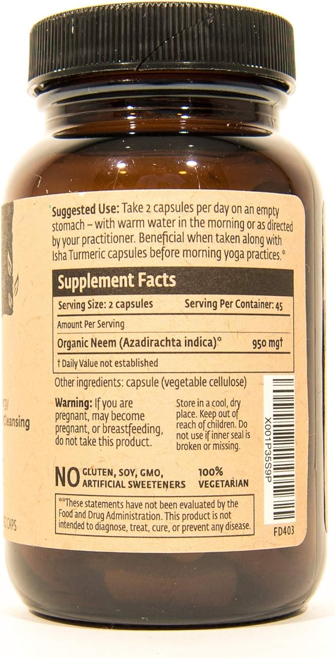ISHA Organic Neem Supplement — Natural Ayurvedic Herbal Cleanser and Purifier: Boosts Immunity - 90 Vegetarian Capsules, 900 mg Each