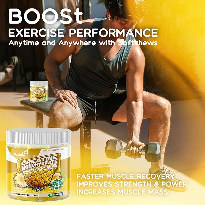 Creatine Monohydrate Soft Chews Complex 6400mg for Men & Women -Advanced Formula W/L-Taurine + Vitamin B12, Sugar Free Chewable Supplement,60 Pineapple Softchews