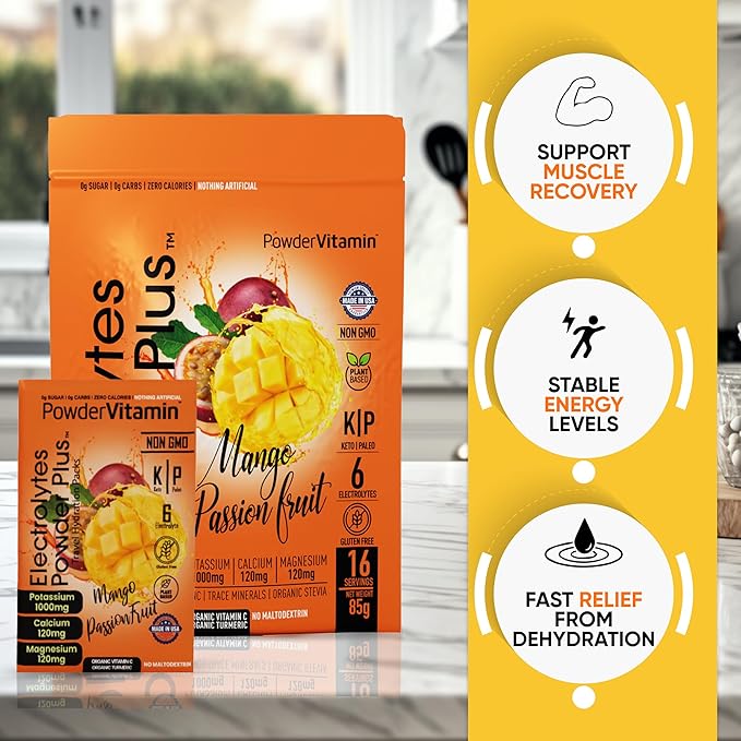 Electrolytes Powder Plus, Keto, Mango Passionfruit, Sugar Free, Pink Himalayan Salt, 1000mg Potassium, 120mg Calcium, 120mg Magnesium, Non-GMO, Zero Calories, (16 Hydration Packets)