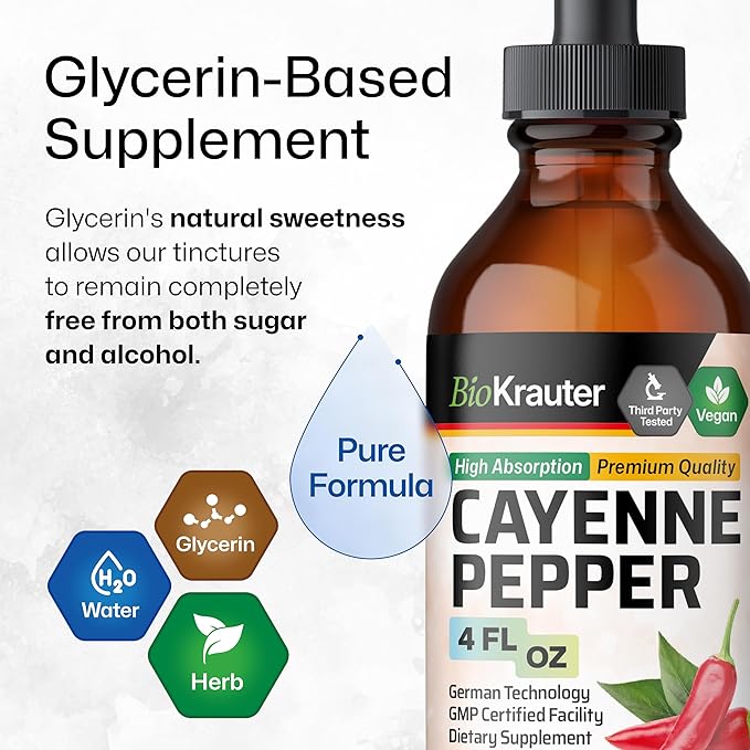 BIO KRAUTER Cayenne Pepper Extract Liquid - Pure Capsaicin Extract - Liquid Cayenne Pepper Drops for Digestive Support - Sugar & Alcohol Free 4 Fl.Oz.
