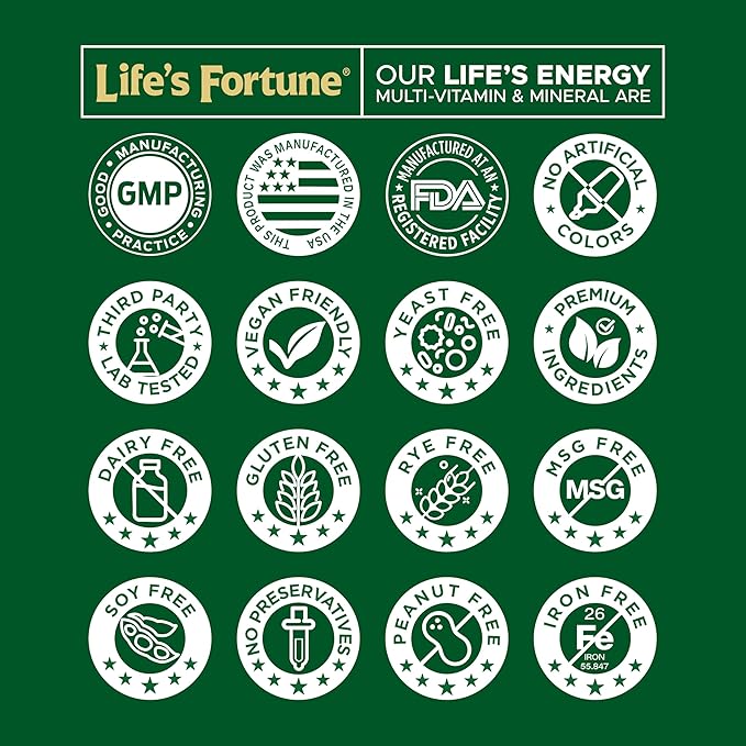 Life's Fortune Life's Energy Advanced Multi-Vitamin and Mineral for Men & Women, Non-GMO - Super Greens - ORAC Berries - AntiOxidants - Enzymes - Iron Free - GMP Tested, 60 Veggie Tablets