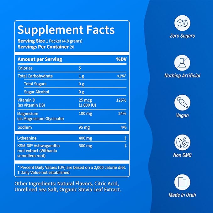Supercalm Drink Mix - Ashwagandha KSM 66, Magnesium Glycinate & L-Theanine Supplement, Vitamin D3 - Ashwagandha Root Extract - Focus and Relaxation Support (20 Travel Packets) - Lemon Lime