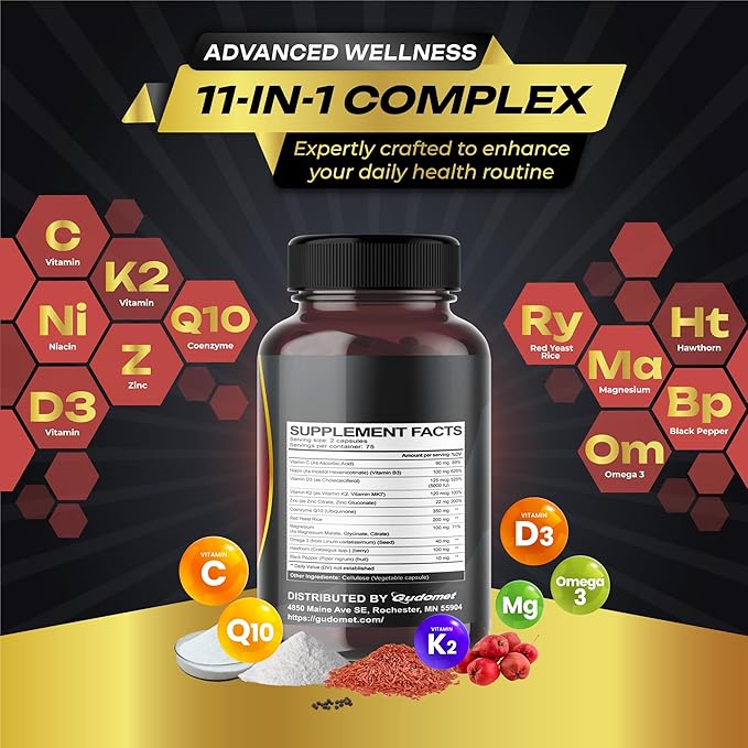 Coenzyme Q10 (Ubiquinone) Red Yeast Rice Hawthorn Omega 3 Vitamin C Niacin Zinc Vitamin K2-150 Capsules- Made in USA