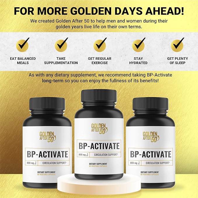 Golden After 50 BP-Activate - Nitric Oxide Supplement with Essential Amino Acids - Blood Circulation and Heart Health Support Supplement - 3 Bottles - 800mg L Arginine, AAKG, L Citrulline