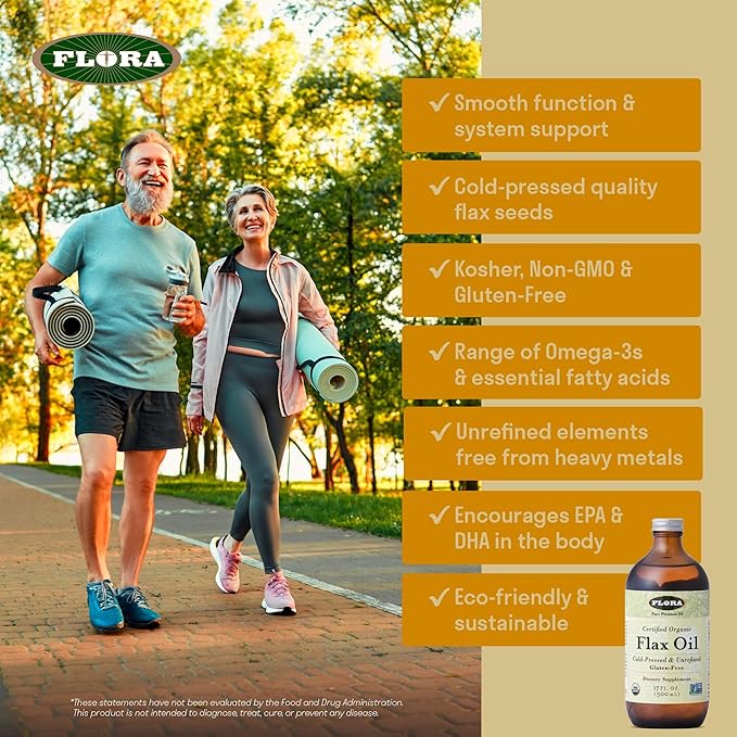 Flora - Flax Oil - Cold-Pressed, Unrefined, Organic Flax Seed Oil - Contains Omega-3 & Omega-6 - Non-GMO & Gluten-Free - Keep Chilled - 32 fl. oz. Amber Glass Bottle