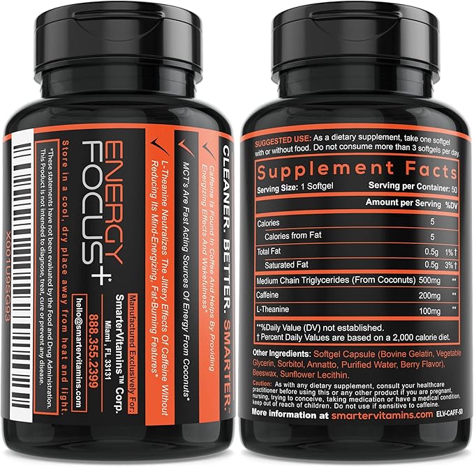 SmarterVitamins (3-Pack 200mg Caffeine Pills with 100mg L-Theanine + Coconut MCT Oil, Energy and Focus, Extended Release Capsule, 150 Liquid Softgels