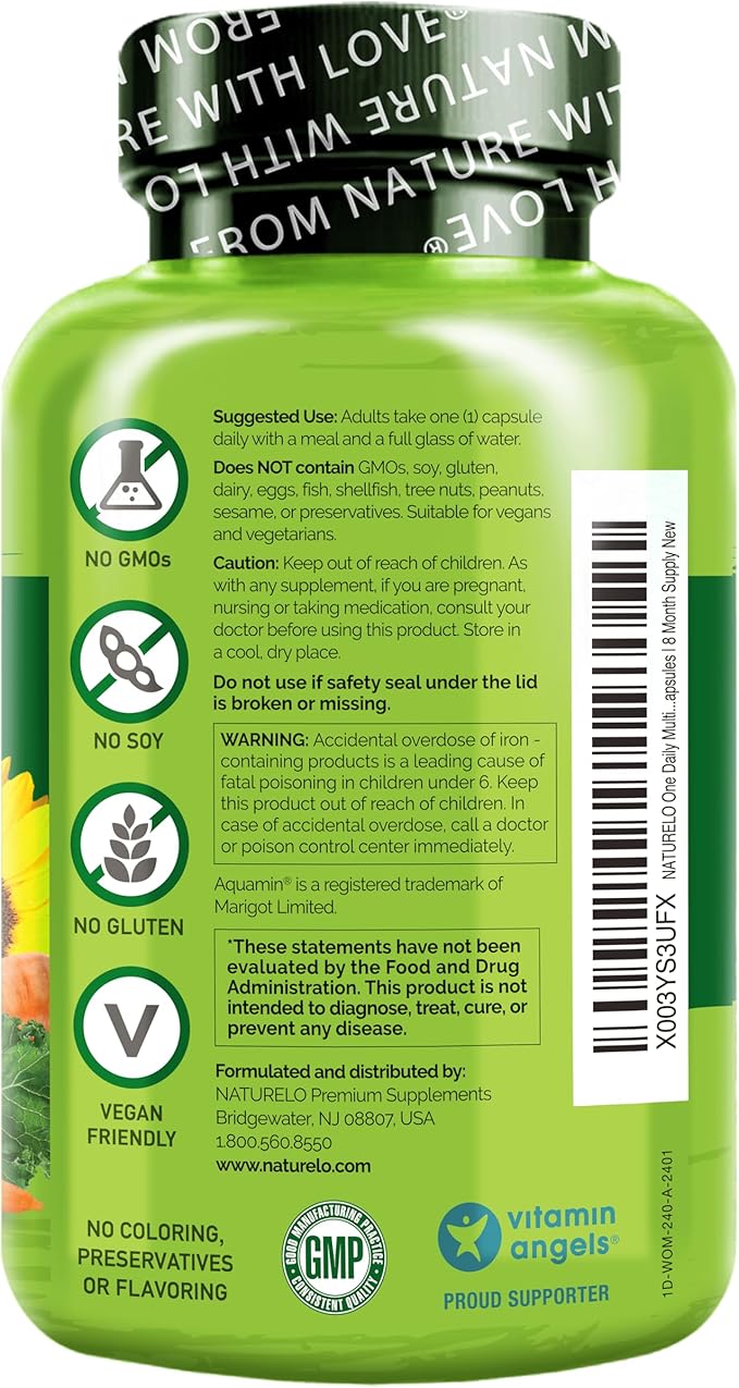 NATURELO One Daily Multivitamin for Women - Energy Support - Whole Food Supplement to Nourish Hair, Skin, Nails - Non-GMO - No Soy - Gluten Free - 240 Capsules | 8 Month Supply