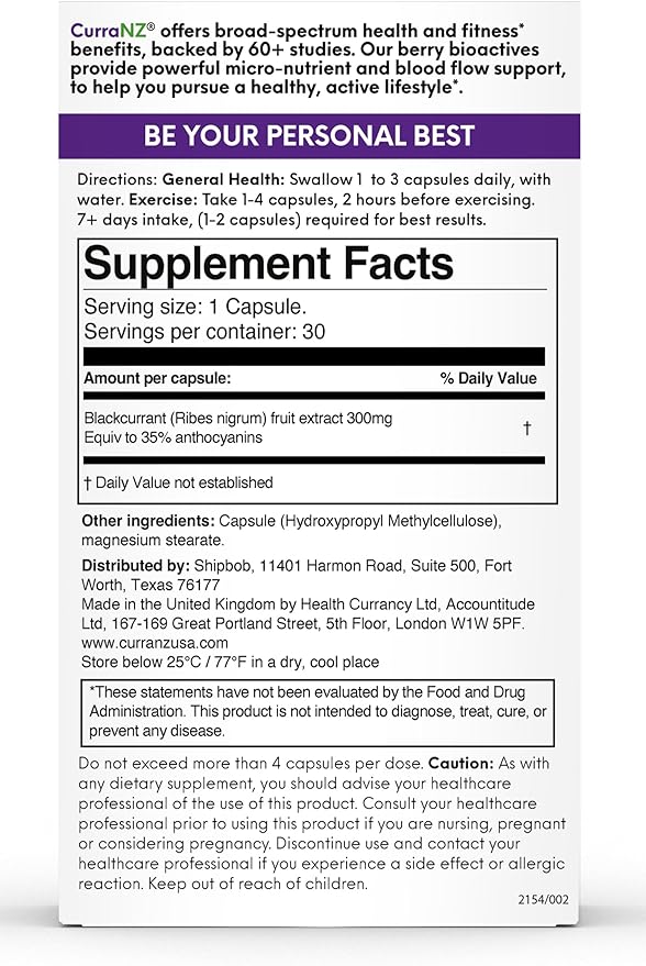 New Zealand Blackcurrant Extract Sports Nutrition Capsules | Muscle Recovery | Endurance Performance | Pre or Post Workout Supplement | Vegan & Caffeine Free (30 Capsules)
