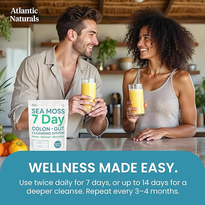 Atlantic Naturals Sea Moss 7-Day Cleanse Colon & Gut Detox - Juice Cleanse Support with Golden Flax Seeds, Psyllium Husk Senna Powder, Body Detox for Women & Men - Pineapple Flavor Mix Drink (14 oz)