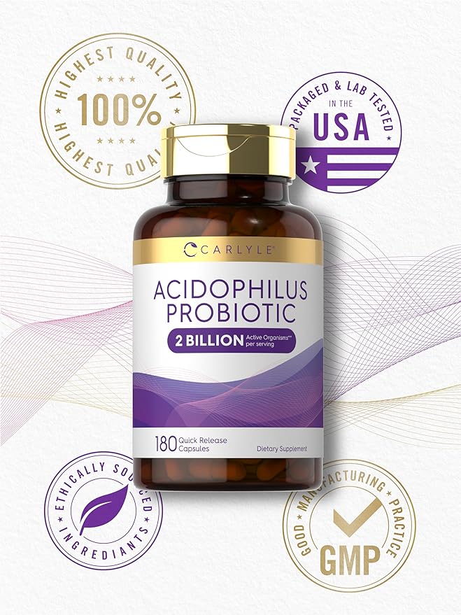 Carlyle Acidophilus Probiotic for Women & Men's Digestive Health | 2 Billion CFU | 180 Quick Release Capsules | Non-GMO & Gluten Free