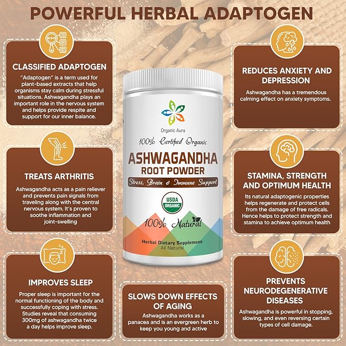 Certified Organic Ashwagandha Root Powder 8Oz -1/2Lb. Enhances Overall Health. 100% Pure Natural Herbal Supplement. No GMO. Gluten Free. Raw, Fresh and Original Withania somnifera.