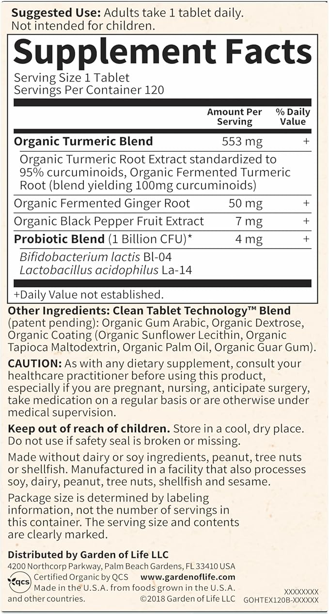 Garden of Life Organics Extra Strength Turmeric Inflammatory Response 120 Tablets-100Mg Curcumin (95% Curcuminoids) Black Pepper, Probiotics, Organic Non-GMO Vegan Gluten Free Herbal Supplement