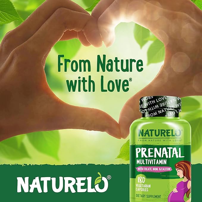 NATURELO Prenatal Multivitamin with Gentle Chelated Iron, Methyl Folate, Plant Calcium & Choline - Vegan, Vegetarian - Non-GMO - Gluten Free - 180 Capsules - 4 Month Supply (Pack of 2)