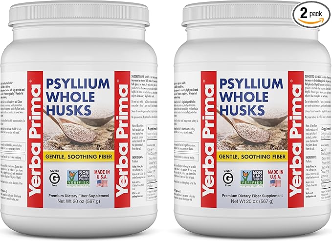 Yerba Prima Whole Psyllium Husk Fiber Supplement 20 oz (Pack of 2) - Vegan, Gluten Free, Non-GMO