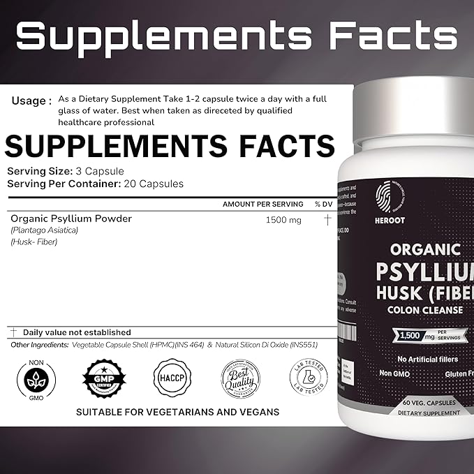 Psyllium Husk Fibre Capsules 1000mg (60 Caps) – Natural Digestive Supplement, unflavored, Gluten-Free, Non-GMO, Wheat & nut Free. Serving Size: 2 Capsules. for Men & Women.