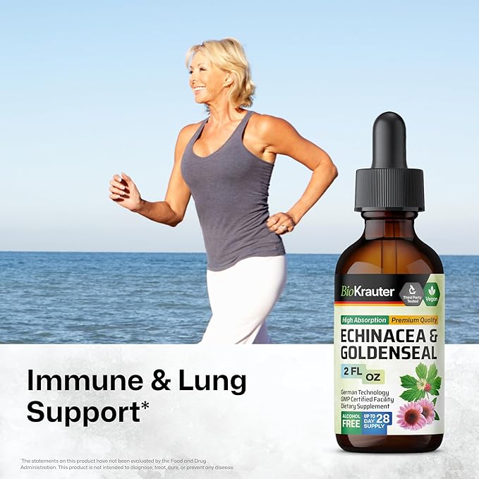 BIO KRAUTER Echinacea and Goldenseal Root Liquid Extract - Natural Immune Support - Echinacea Drops with Goldenseal - Vegan, Alcohol & Sugar Free Tincture - 2 Fl.Oz.