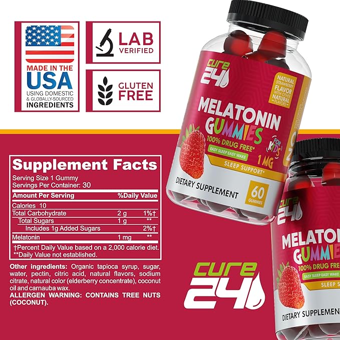 Kids Melatonin Gummy, Effective 1MG Sleep Gummies Supplement for Children 3+, Drug-Free, Natural Fruity Strawberry Flavor, Made in USA