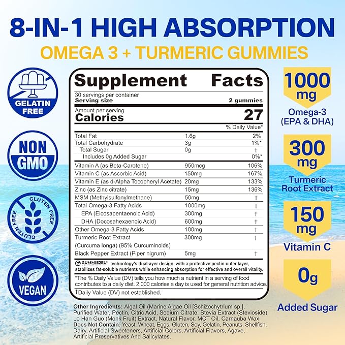 Vegan Omega-3 Gummies 1000mg + Turmeric - Omega 3 Fish Oil Alternative for Adults - Algae DHA 600mg & EPA 300mg, Vitamins A, C, E, Zinc & MSM, Sugar Free, 60 Cts