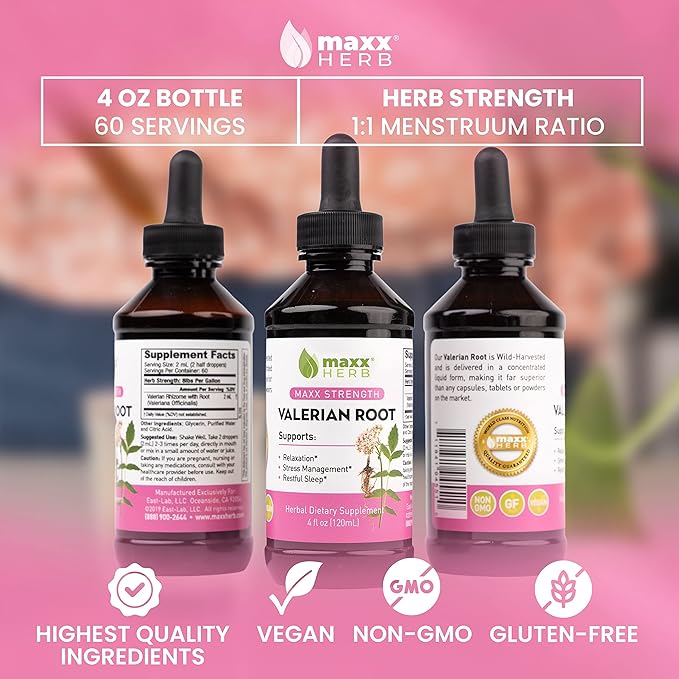 Maxx Herb Valerian Root Extract - Max Strength, Liquid Valerian Root Absorbs Better Than Capsules, for Relaxation and Restful Sleep, Alcohol-Free - 4 Bottles, 4 Oz Each (240 Servings)