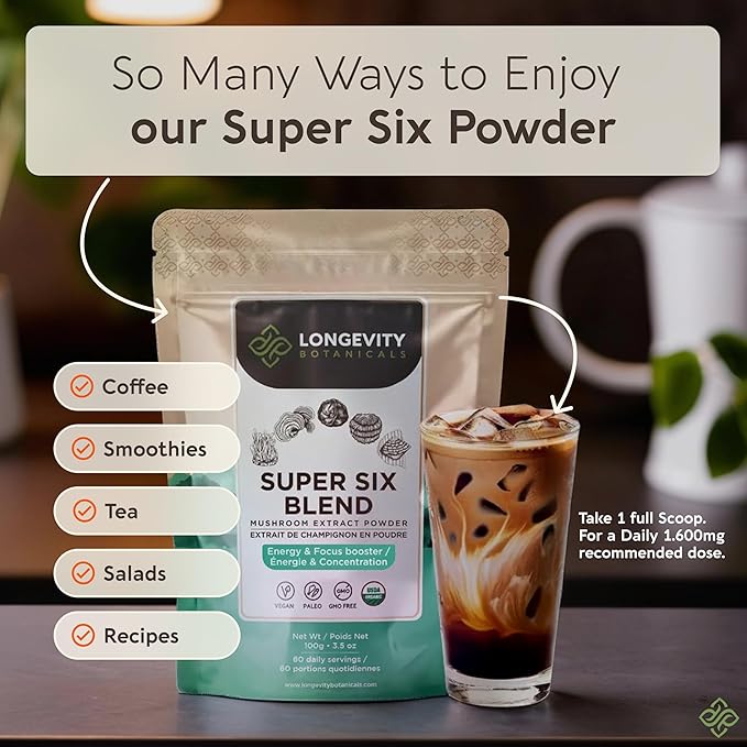 Longevity Botanicals Super Six Organic Mushroom Blend 100g | Reishi, Lion’s Mane, Chaga, Cordyceps, Tremella & Turkey Tail | Extract Powder Mix | 10:1 Ratio | 100% Fruiting Bodies | Mushroom Complex