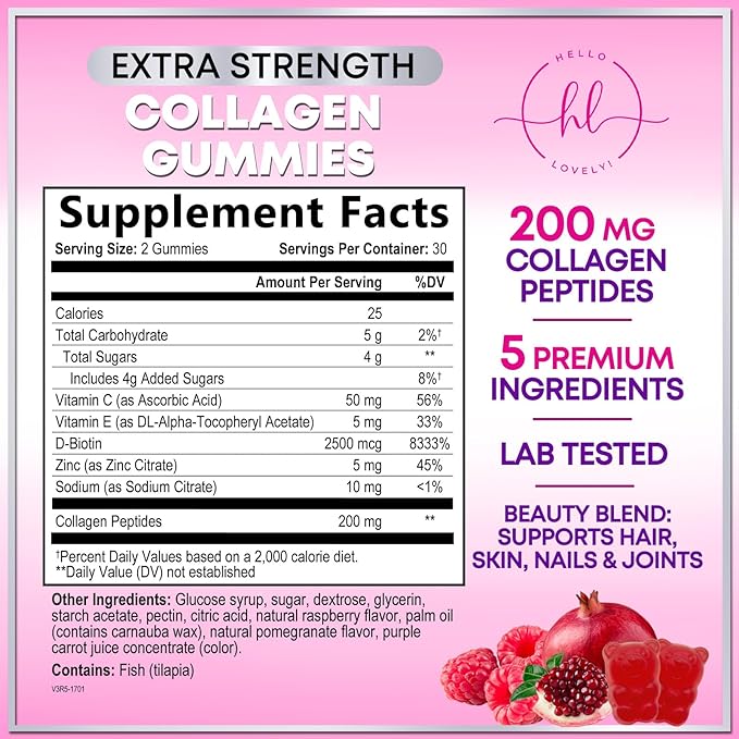 Collagen Peptide Gummies for Women with Biotin - Hydrolyzed Collagen for Hair, Skin, Nail, Bone Health & Joint Support - Extra Strength Best Peptides Supplement for Women & Men, Non-GMO - 60 Gummies
