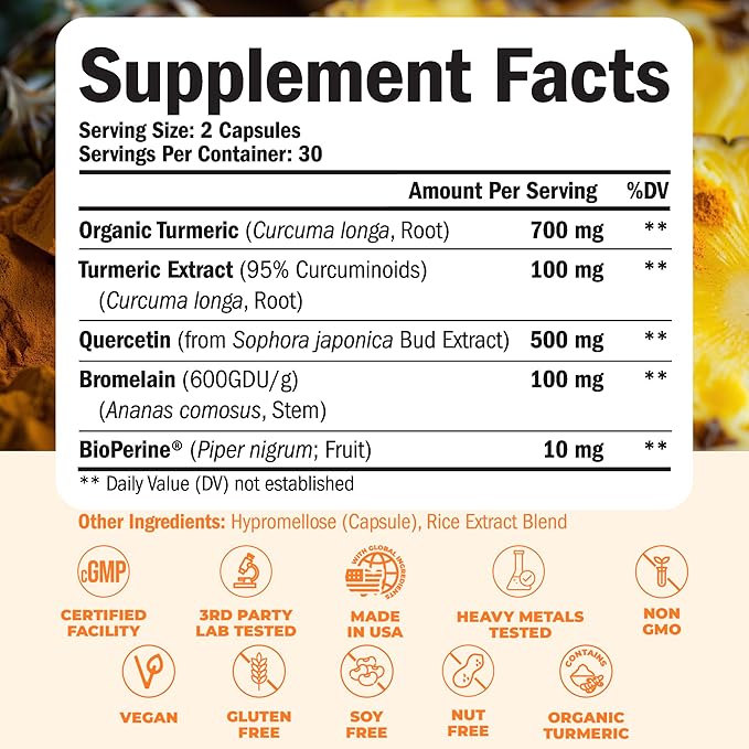 Quercetin with Bromelain Turmeric Supplement - Quercetin 500mg Capsules + Curcumin with Black Pepper - Joint Supplements for Women & Men. Bromelain Turmeric Curcumin Supplement. 60 Tumeric Capsules