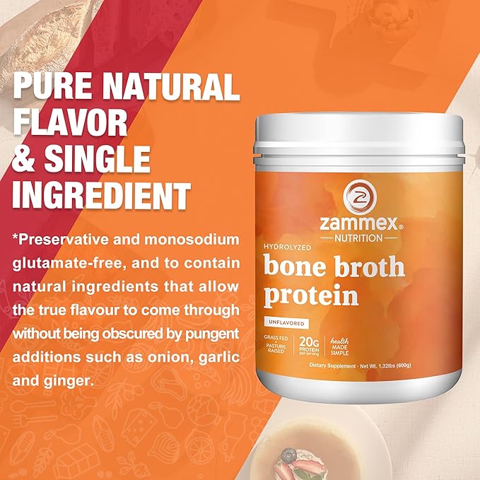 Zammex Pure Grass Fed Beef Bone Broth Protein Powder,20g Protein, Hydrolyzed Collagen Supplement for Healthy Skin,Nails,Hair,Joints, Non-GMO,Gluten Free,Paleo & Keto Friendly, Great in Soup