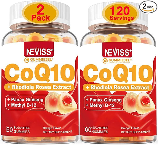 NEVISS Sugar Free CoQ10 Filled Gummies with Vitamin B12 1000mcg, Rhodiola Rosea and Panax Ginseng Extract, Vitamin B6, Coenzyme Q10 Supplement, 2 Pack