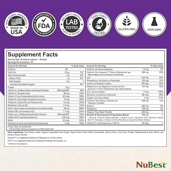 NuBest Protein Powder - Vanilla Plant Based Protein - Vegan Protein Powder for Kids & Teens - Healthy & Immunity with Probiotics, Omega 3-6-9, Vitamin D3 + K2, Calcium & Vitamins - 10 Servings