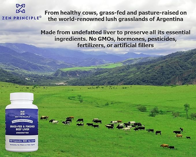 Zen Principle Ultra-Pure Desiccated Beef Liver, Grass-Fed, Pasture-Raised Cows. No Hormones or GMO. Natural Energy and Workout Boost from Iron, Amino Acids, Protein and Vitamins. 180 Capsules 800 Mg.