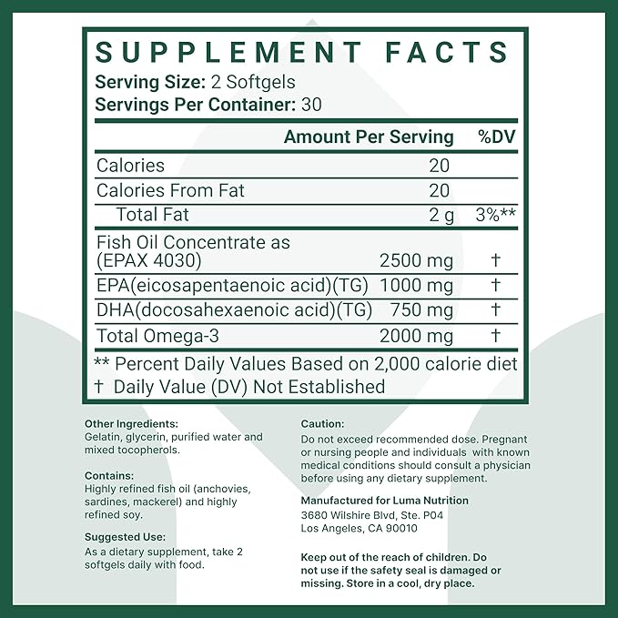 Luma Nutrition Omega 3 Fish Oil Supplement - Extra Strength 2500mg - 2000mg EPA & DHA - Brain and Heart Health - 60 Softgels